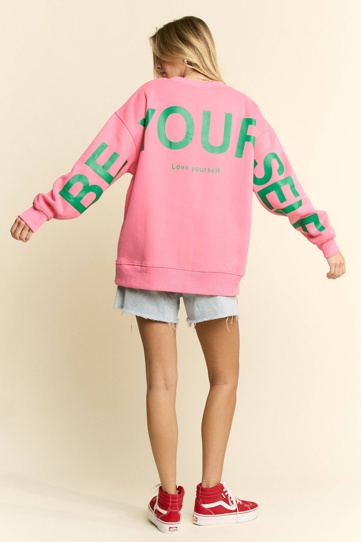 Be Yourself Love Yourself Printed Oversized Sweatshirt: Pink / L