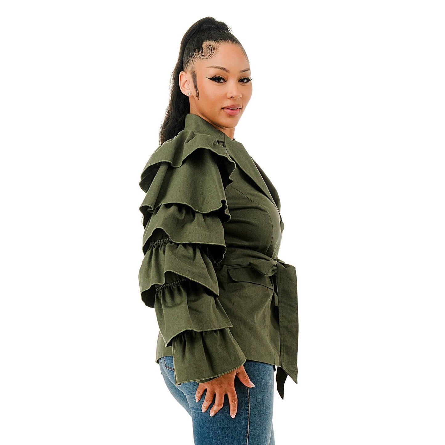 Plus Layered Ruffle Sleeve Waist Tie Blazer Jacket: OLIVE / 1XL-2XL-3XL(1-1-1)