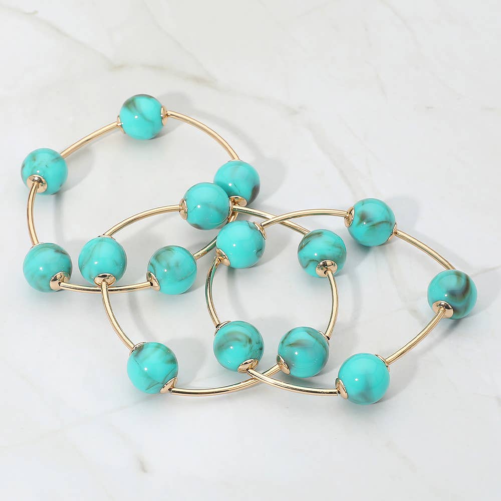 3PCS - Round Ball Wire Beaded Stretch Multi Layered Bracelets: Gold,Green