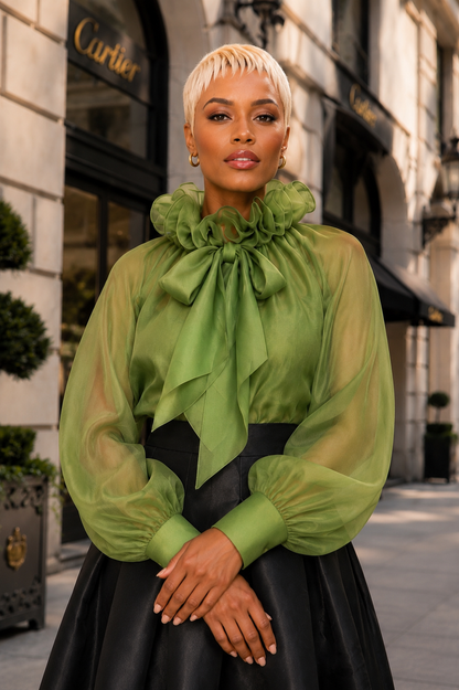 B11321 RUFFLE TIE NECKLINE ORGANZA TOP (RED, GRN, PNK): GREEN / M