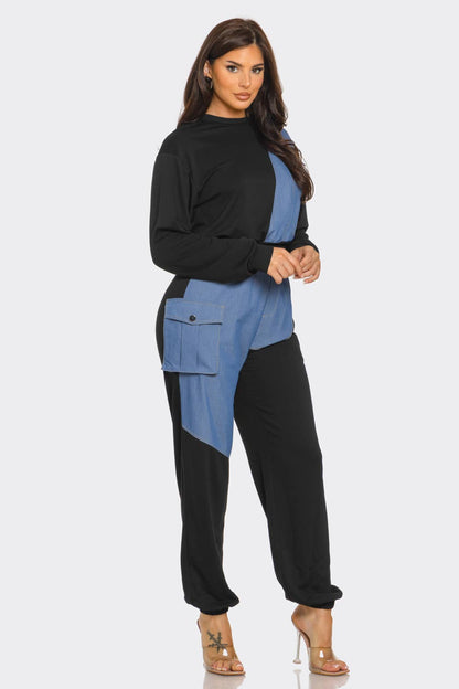 French Terry Color Block Denim Detail Top Pockets Pants Set: Black / 2-2-2 (S-M-L)