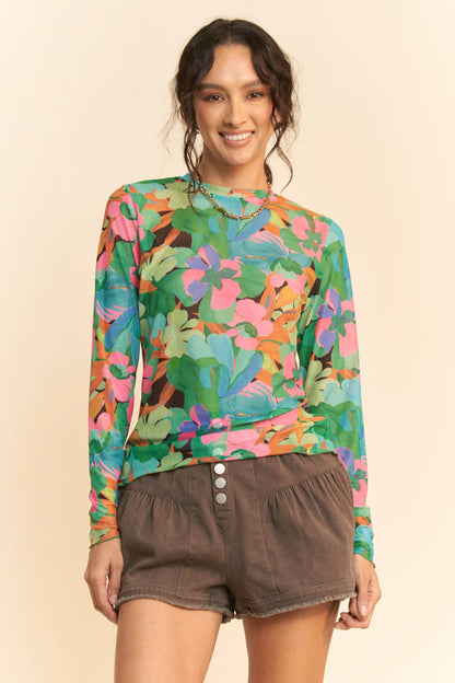 Plus - Vibrant Floral Print Mesh Long Sleeve Top: Pink Multi / 1XL