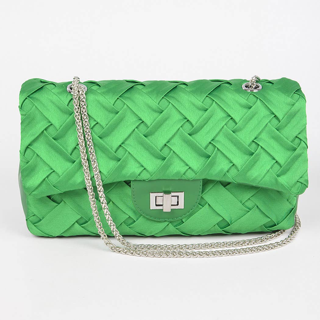 Pleated Satin Flap Shoulder Bag: Green