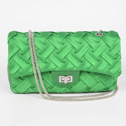 Pleated Satin Flap Shoulder Bag: Green
