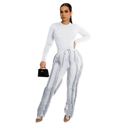 MB FASHION Long-Sleeve Fringe Top and Pants Set 223LY: ROSE / M