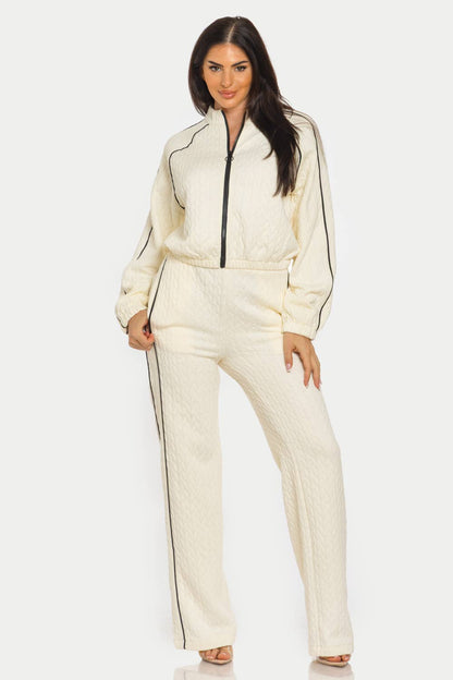Pipping Stripes Front Zip Up Jacket And Pants Set : Cream / 1-2-2-1 (S-M-L-XL)