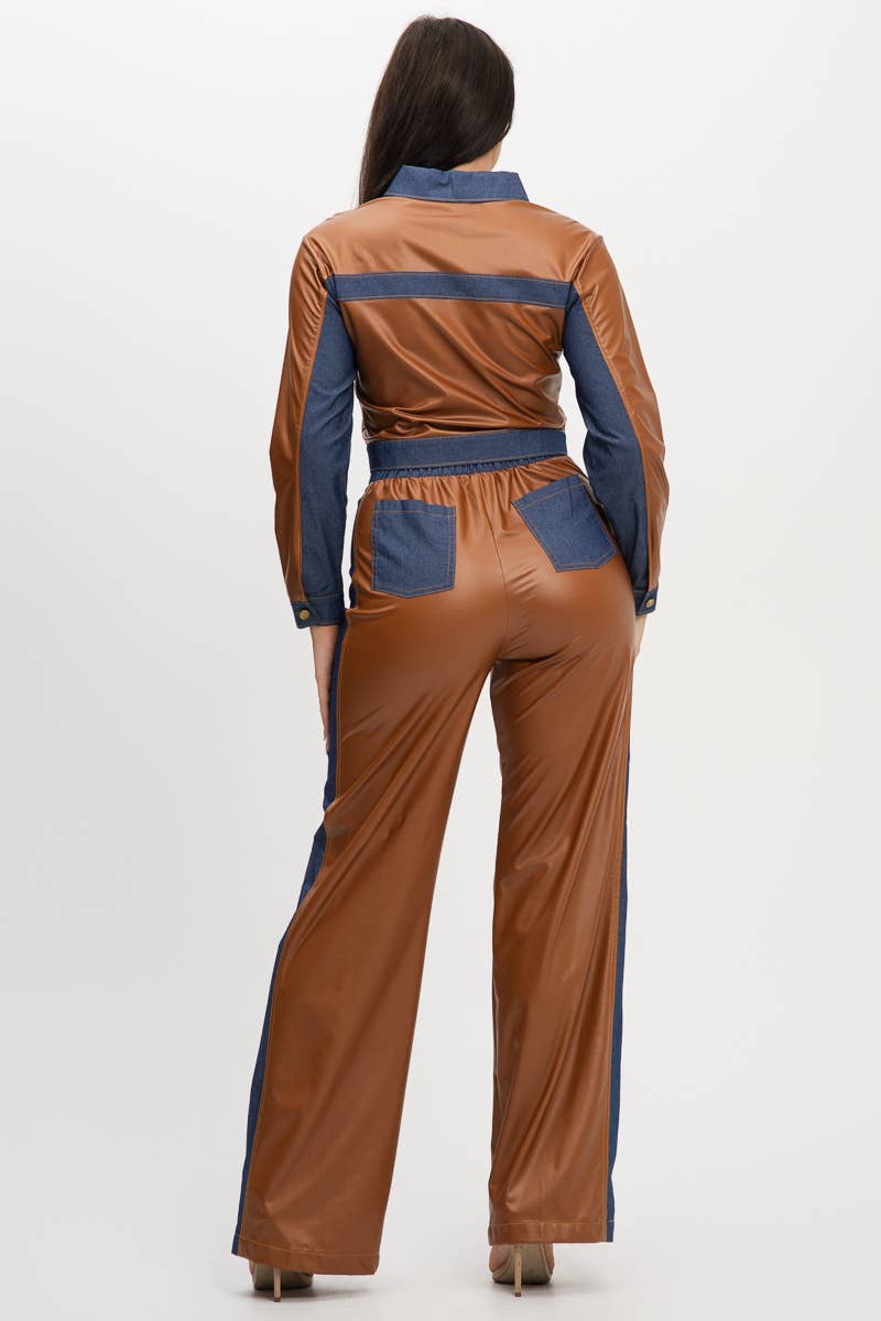 Pu Fabric Denim Contrast Jackets And Pants Set : Cognac / 1-2-2-1 (S-M-L-XL)