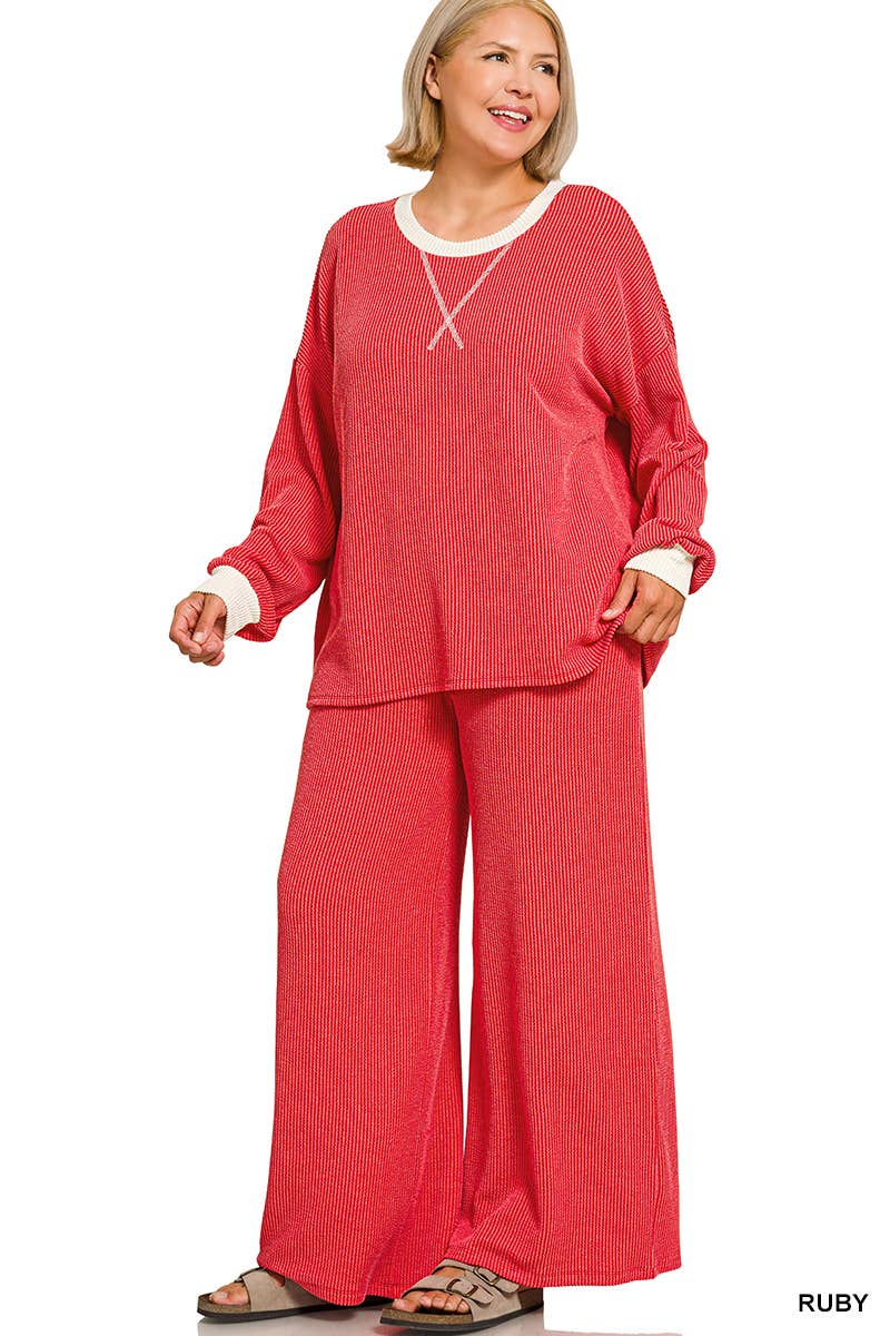 Plus Raised Rib Round Neck Pullover & Pants 2PC Set: +GREY-205252 / 2X