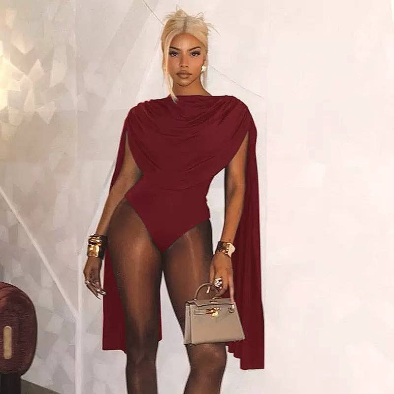 MB FASHION Draped Cape Sleeve Bodysuit 670: BURGUNDY / M