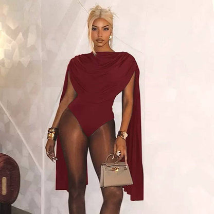 MB FASHION Draped Cape Sleeve Bodysuit 670: BURGUNDY / M