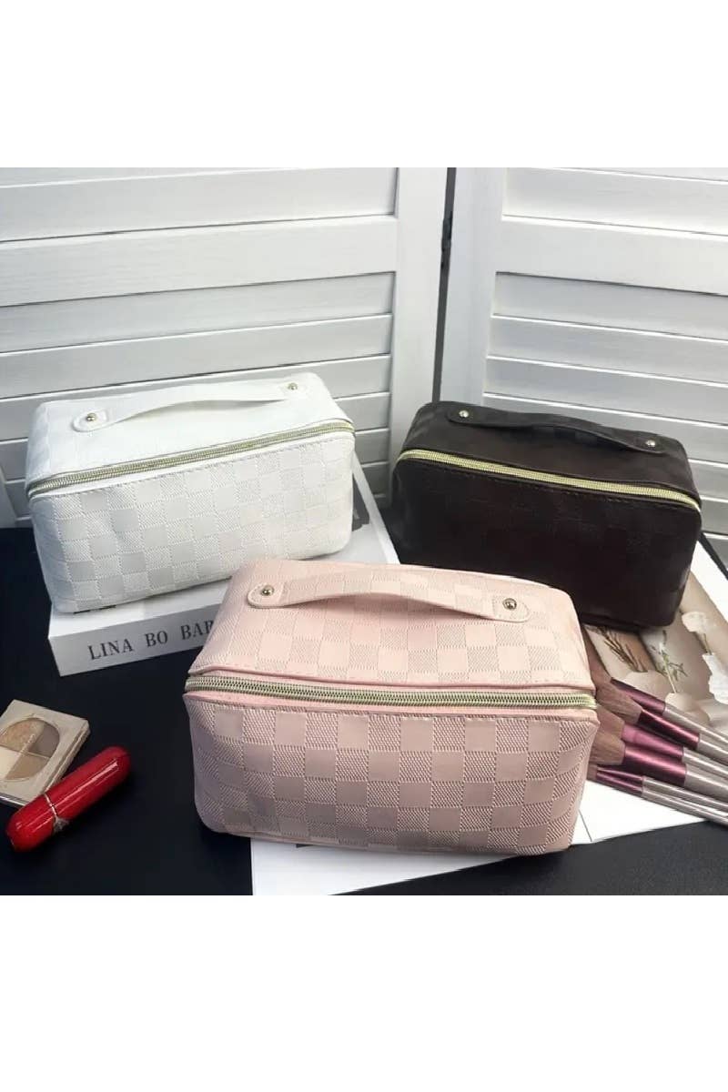 ,,,,_...._ VEGAN LEATHER MAKEUP BAG SOLID BAG: BROWN-172928 / OS