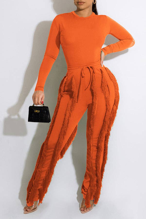 MB FASHION Long-Sleeve Fringe Top and Pants Set 223LY: BLUE / M