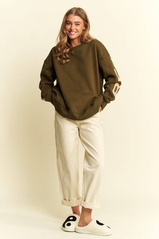Be Yourself Love Yourself Printed Oversized Sweatshirt: OLIVE / S