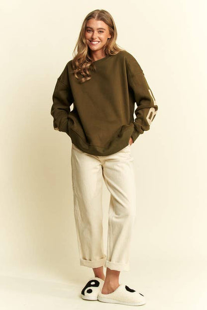 Be Yourself Love Yourself Printed Oversized Sweatshirt: OLIVE / S