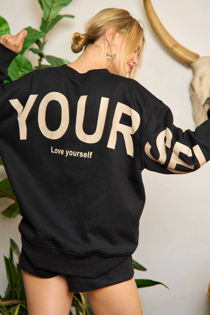Be Yourself Love Yourself Printed Oversized Sweatshirt: OLIVE / S
