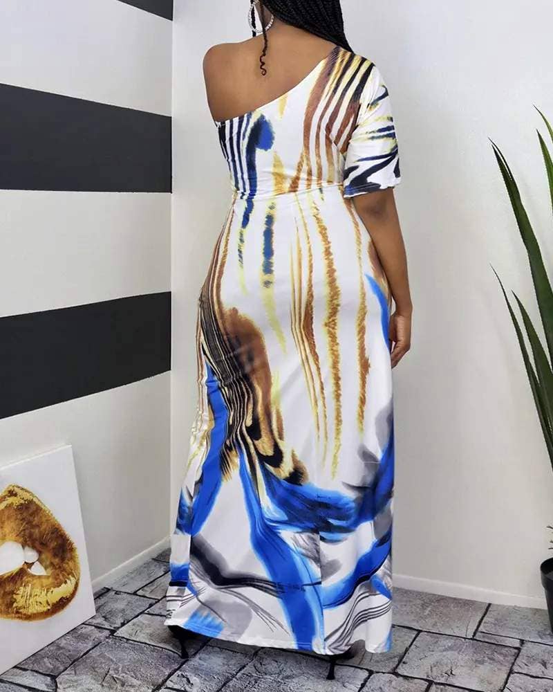 One shoulder animal pattern print maxi dress: MULTICOLOR / 1-2-2-2-1 / S-M-L-XL-2XL
