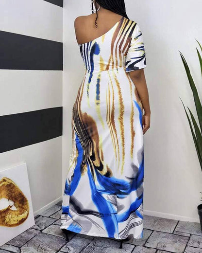 One shoulder animal pattern print maxi dress: MULTICOLOR / 1-2-2-2-1 / S-M-L-XL-2XL