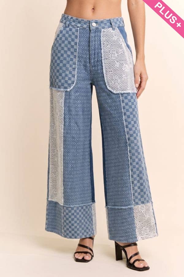 Plus - Checkered Denim Lace Patch Wide-Leg Pants: LIGHT DENIM MULTI / 1XL-2XL-3XL(3-2-1)
