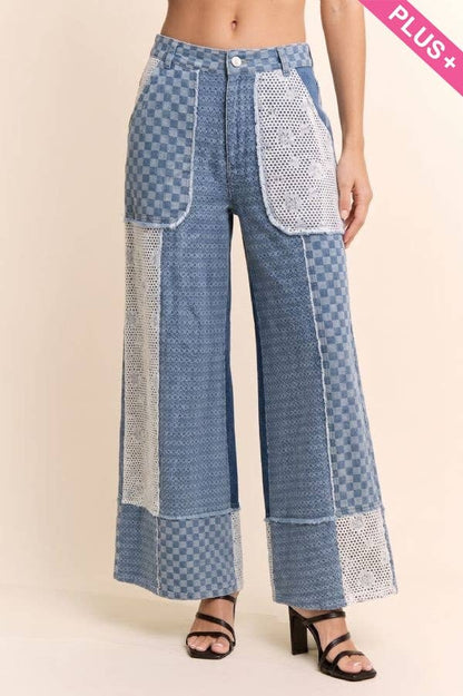 Plus - Checkered Denim Lace Patch Wide-Leg Pants: LIGHT DENIM MULTI / 1XL-2XL-3XL(3-2-1)