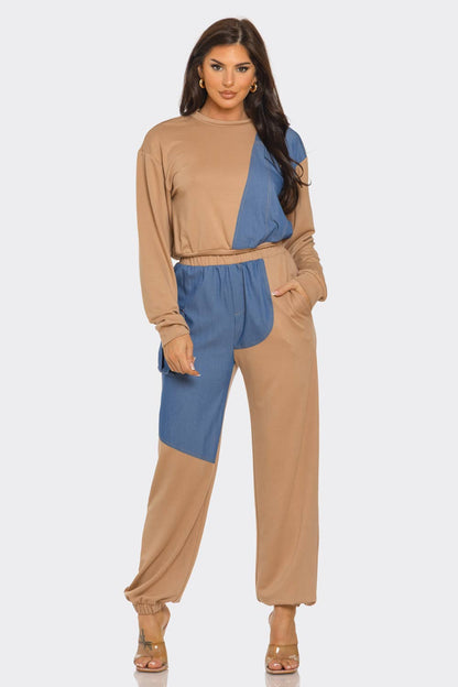 French Terry Color Block Denim Detail Top Pockets Pants Set: Black / 2-2-2 (S-M-L)
