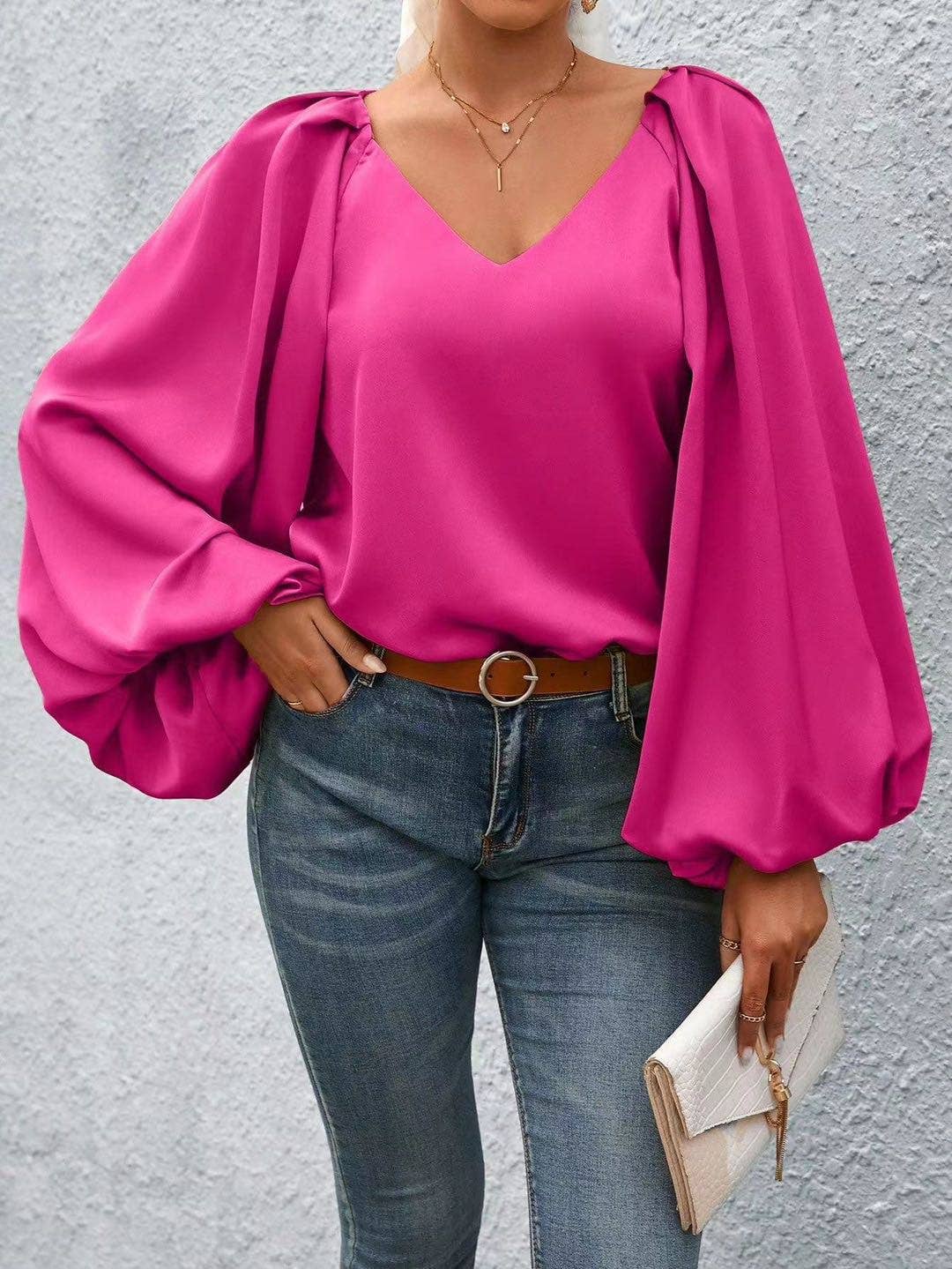 Lantern Sleeve Blouse: Orange / XL