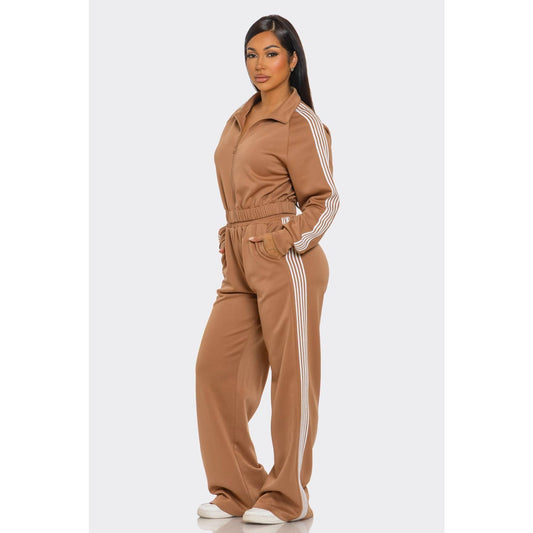 Side Striped Jacket and Track Pants Set: MOCHA / S-M-L(2-2-2)