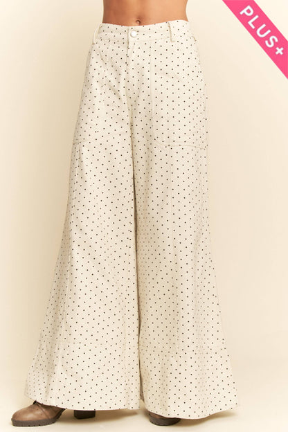 Plus - Washed Floral Print Wide-Leg Pants: NAVY DOT / 2XL