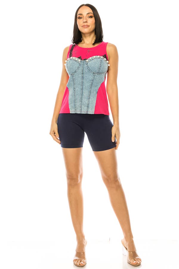 (ST2870) Corset Sleeveless Top (2 colors): Pink / L
