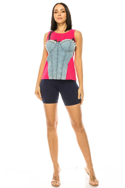 (ST2870) Corset Sleeveless Top (2 colors): Pink / L