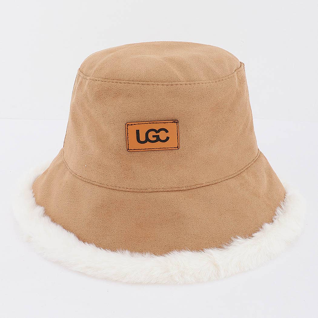 Fleece Trim Suede Bucket Hat With Logo Patch: BG