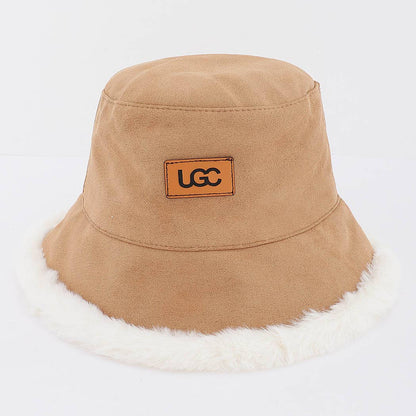 Fleece Trim Suede Bucket Hat With Logo Patch: BG