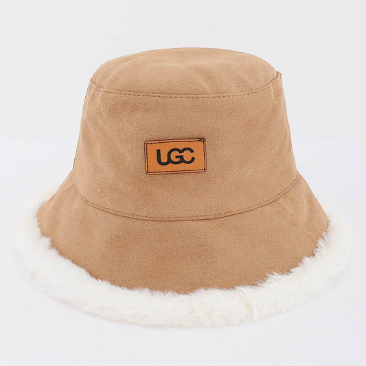 Fleece Trim Suede Bucket Hat With Logo Patch: BG