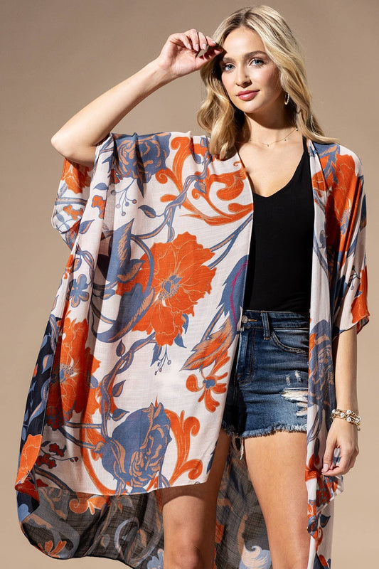Dusk Floral Viscose Kimono: ORANGE BLUE MULTI