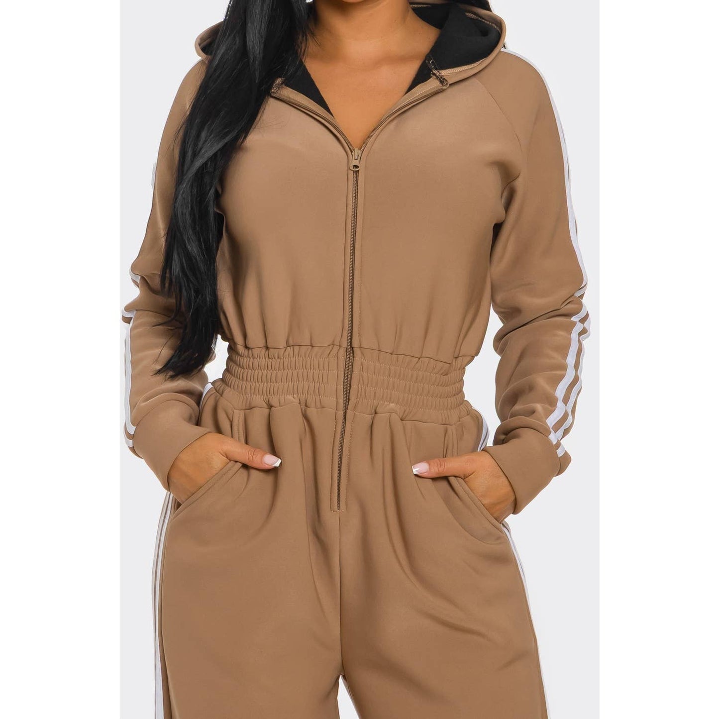 Striped Zip Up Hooded Jumpsuit: GREEN / S-M-L(2-2-2)