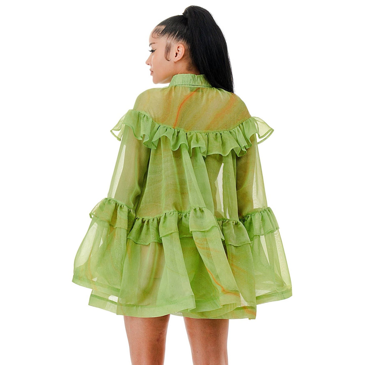 Bell Sleeve Sheer Layered Ruffle Overlay Mini Dress: GREEN / S-M-L-XL(2-2-2-2)