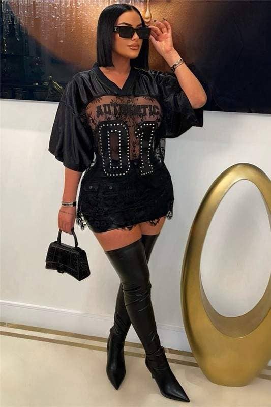 Rhinestone lace patchwork jersey: BLACK / 1-2-2-1 / S-M-L-XL