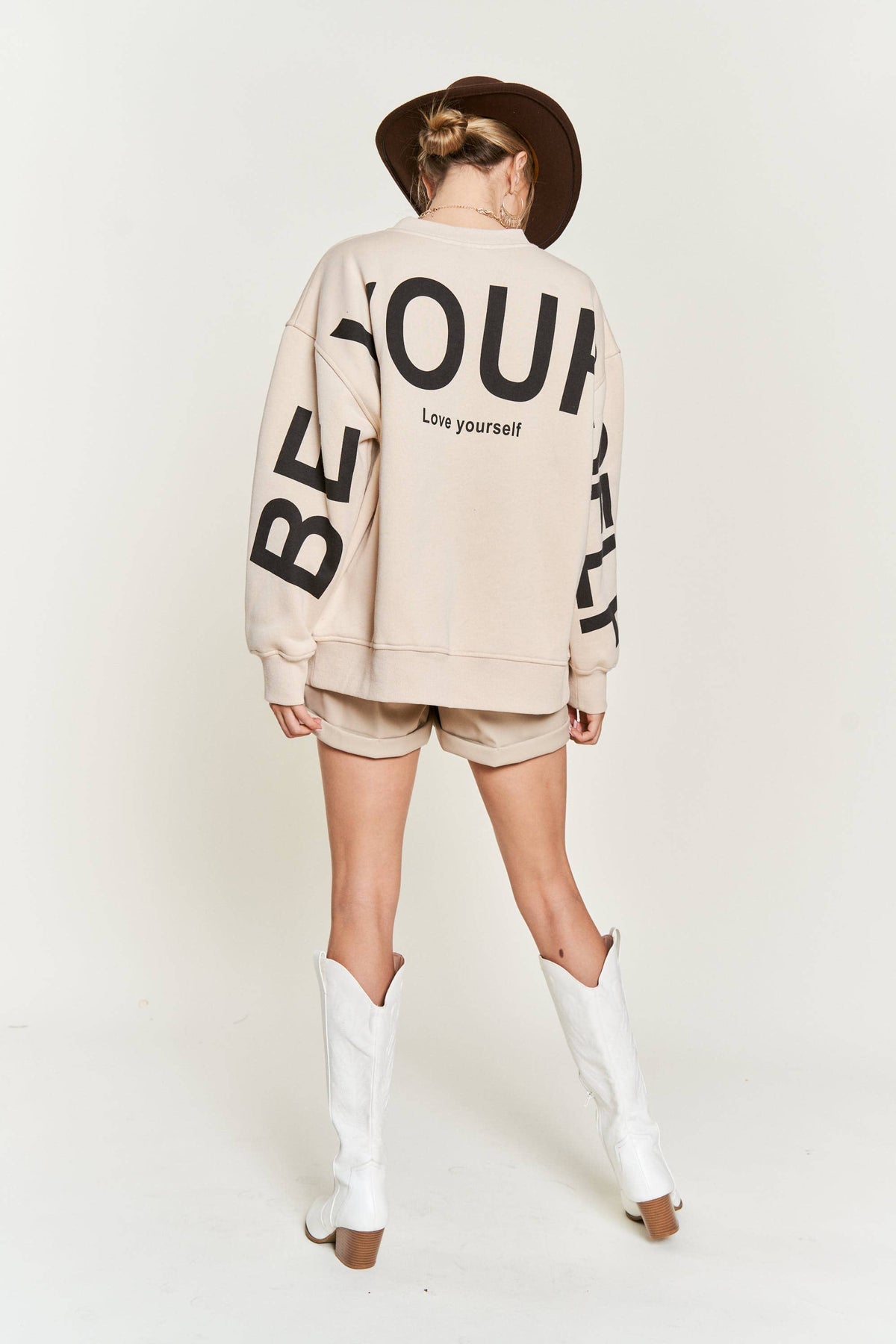 Be Yourself Love Yourself Printed Oversized Sweatshirt: OLIVE / S
