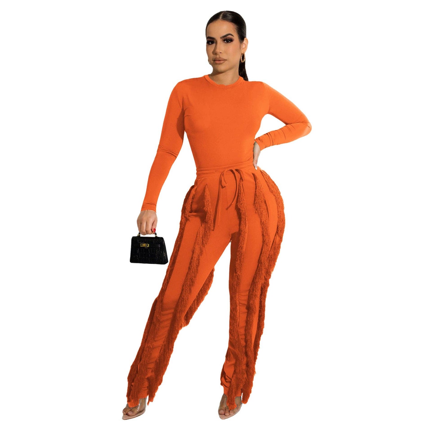 MB FASHION Long-Sleeve Fringe Top and Pants Set 223LY: ORANGE / M