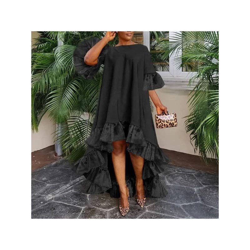 Irregular Hem Solid Color Patchwork Dress: BLUE / XL