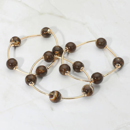 3PCS - Round Ball Wire Beaded Stretch Multi Layered Bracelets: Beige,Gold