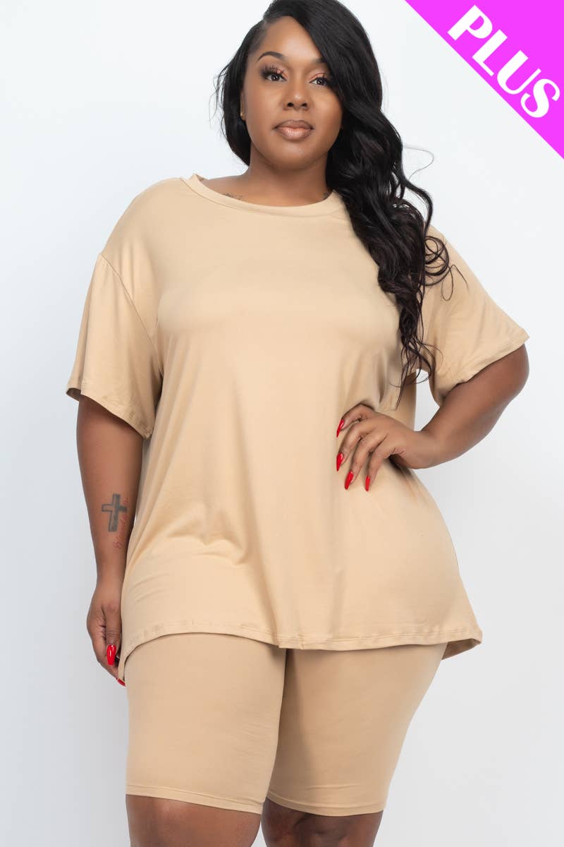 Plus Size Loose Fit Top & Bike Shorts Set: Taupe / 3X