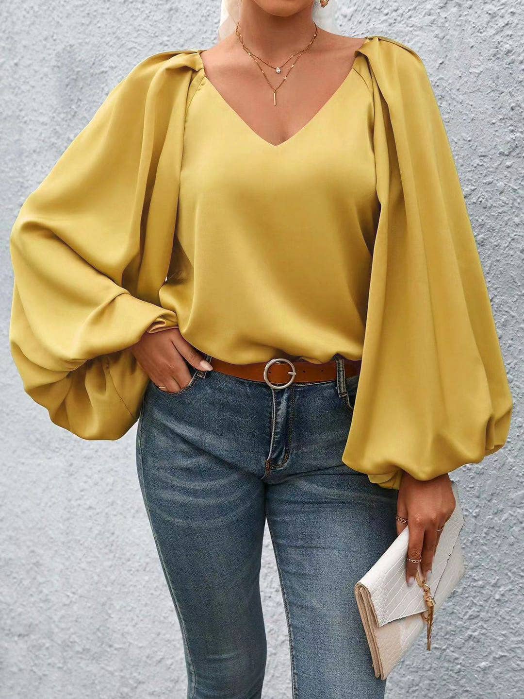 Lantern Sleeve Blouse: Orange / XL