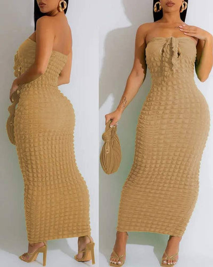 Bandeau tied detail bubble textured maxi dress: HOT PINK / 1-1-1-1 / S-M-L-XL