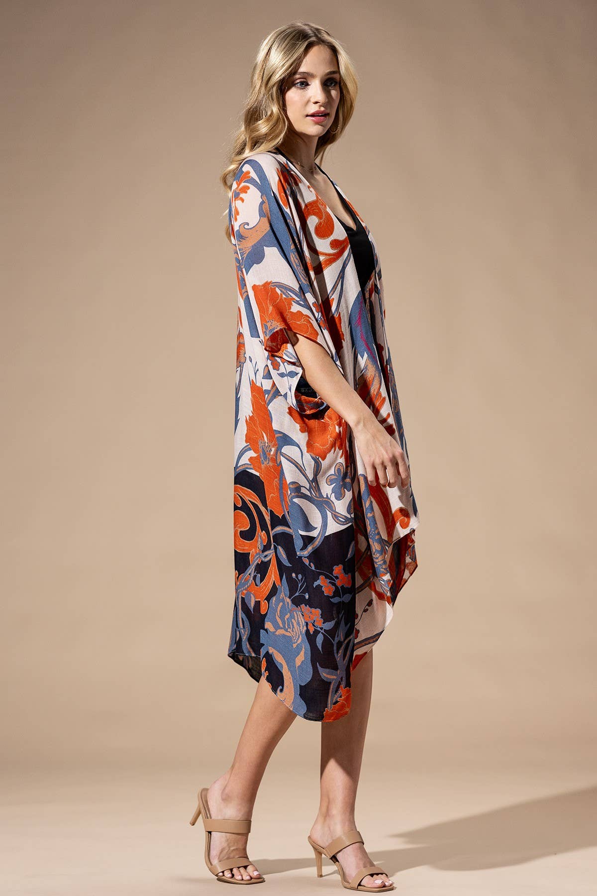Dusk Floral Viscose Kimono: ORANGE BLUE MULTI