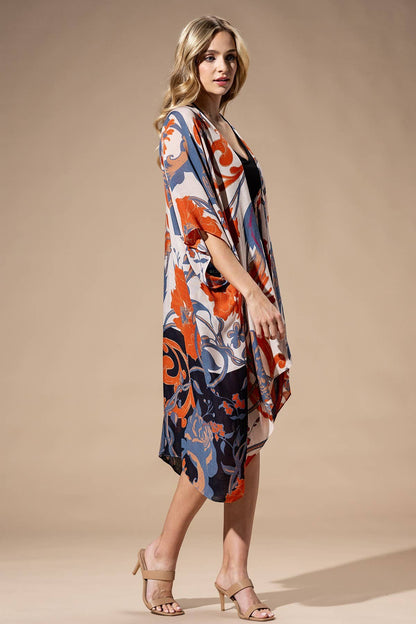 Dusk Floral Viscose Kimono: ORANGE BLUE MULTI
