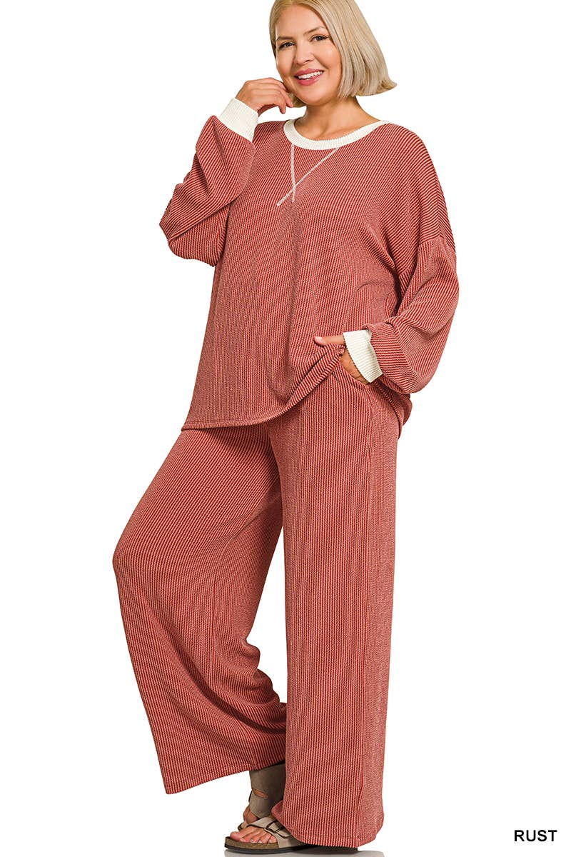 Plus Raised Rib Round Neck Pullover & Pants 2PC Set: +GREY-205252 / 2X