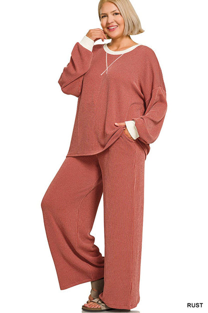 Plus Raised Rib Round Neck Pullover & Pants 2PC Set: +GREY-205252 / 2X