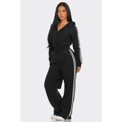 Striped Zip Up Hooded Jumpsuit: GREEN / S-M-L(2-2-2)