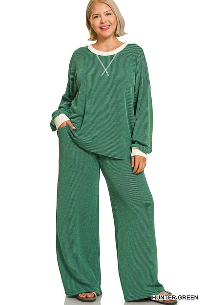 Plus Raised Rib Round Neck Pullover & Pants 2PC Set: +HUNTER GREEN-205253 / 2X