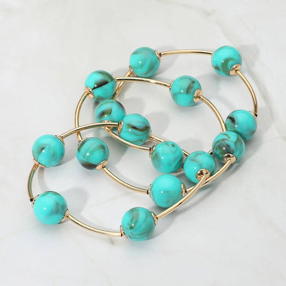 3PCS - Round Ball Wire Beaded Stretch Multi Layered Bracelets: Gold,Turquoise